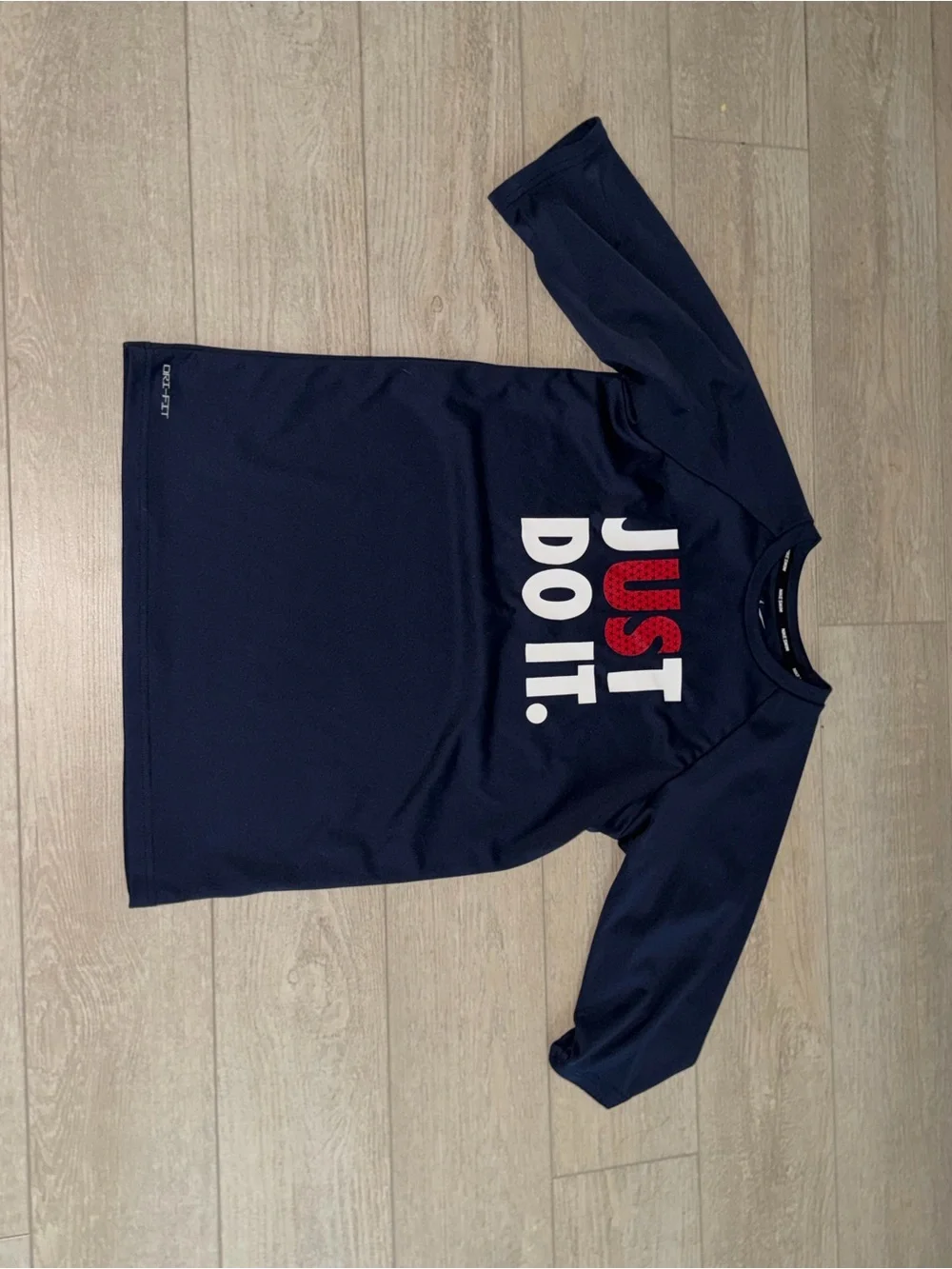 Nike Kids Navy Dri Fit Swim Tee with Red & White 'Just Do It.' Graphic